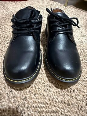 Dr. Martens Black Leather 3-Eye Derby Shoes with Yellow Stitching